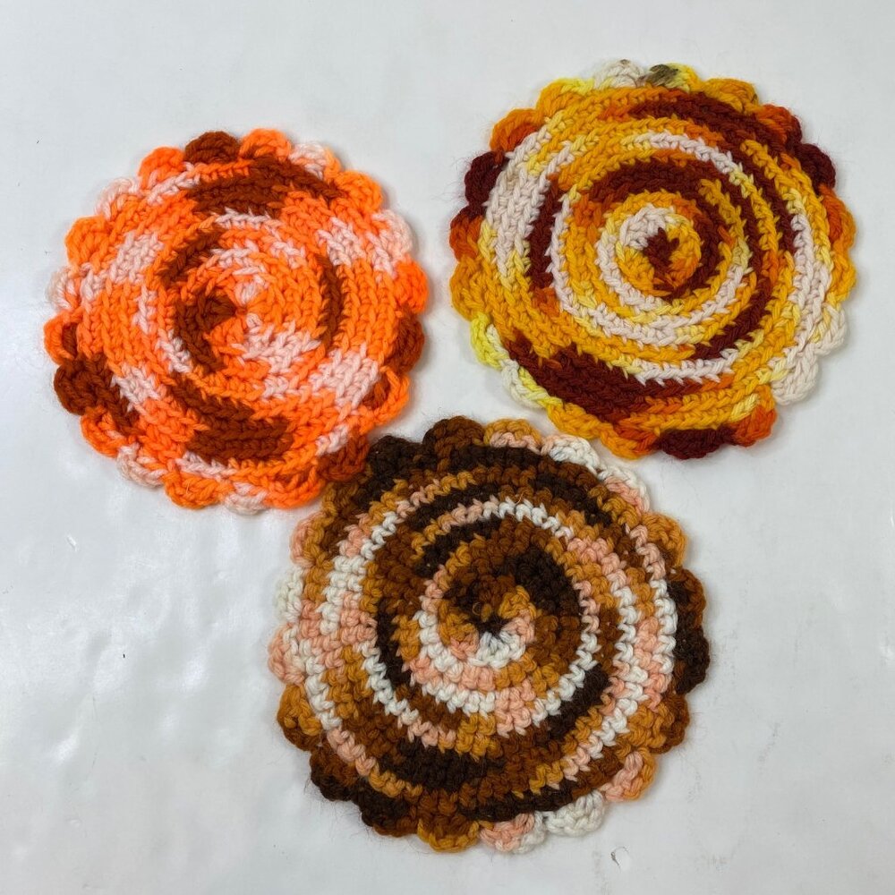 Set of 3 Vintage Handmade Crocheted Orange Brown Spiral Scalloped Edge Coasters